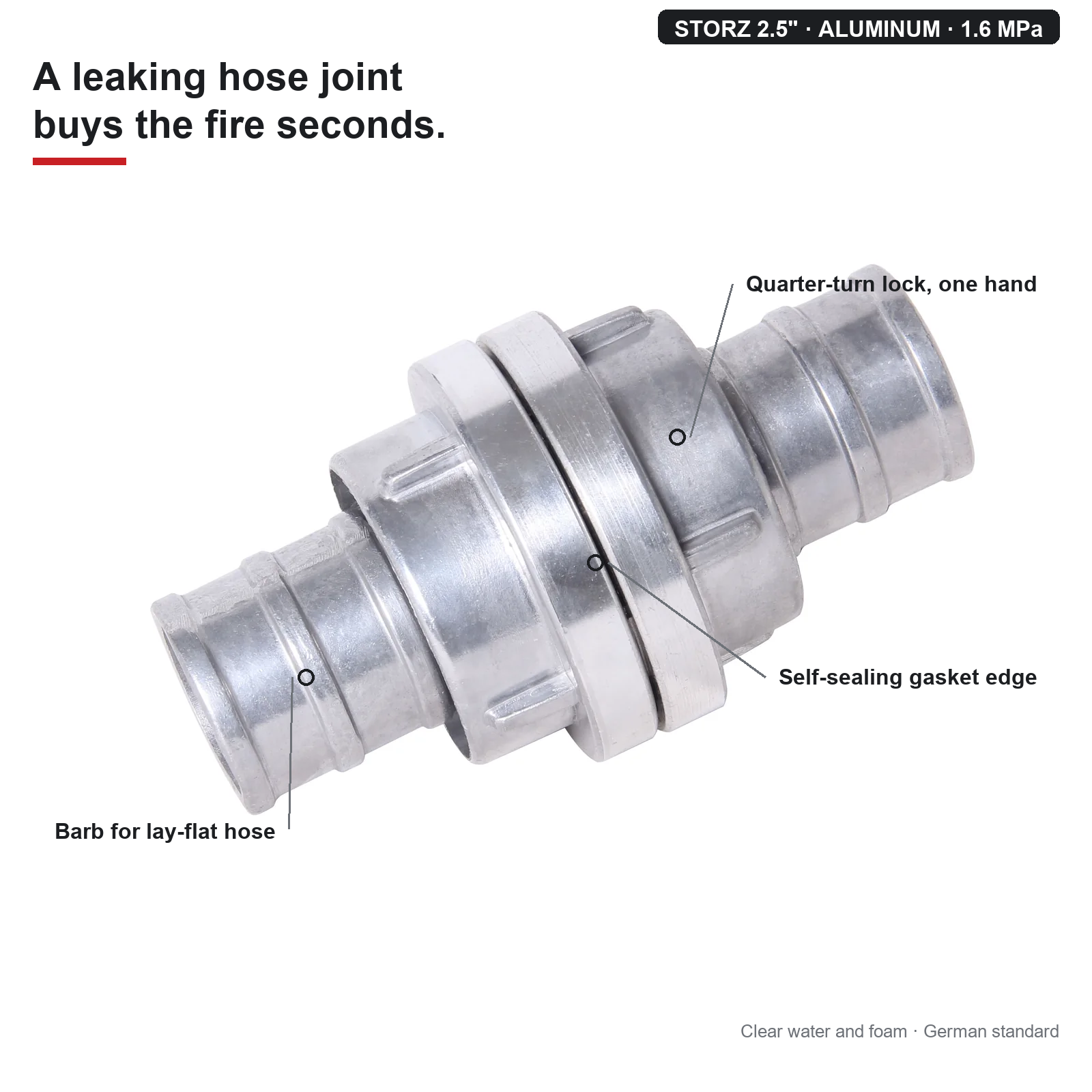 Aluminum Storz Fire Coupling (2.5" · German Standard) — Locks in One Hand, Stays Dry